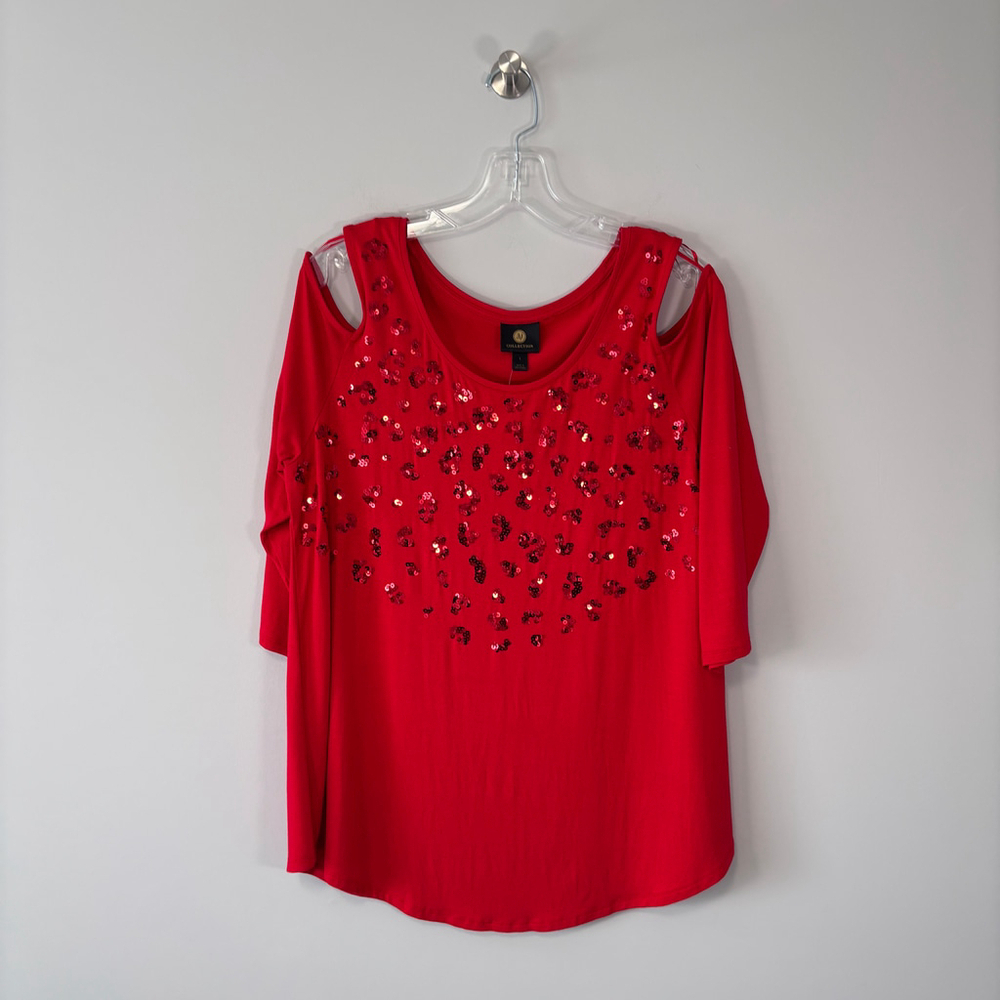 JM Collection Women's Extra Large Red Embellished Cold Shoulder Top NWT